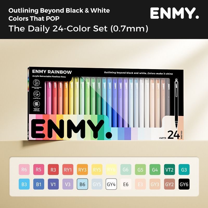 ENMY 48 สี Rainbow Series อะคริลิค Retractable Fineliner Pens ปากกาวาดภาพสีสําหรับเส้นละเอียด