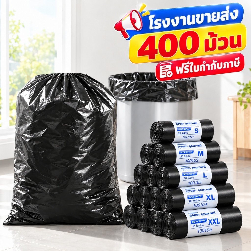 🔥ถุงขยะ 400 ใบ🔥 ขายส่งโรงงาน สต๊อกใช้บ้าน รับน้ำหนักสูง กันรั่วสนิท มีหลายขนาด เหมาะโรงงาน ร้านค้า อพาร์ทเมนต์