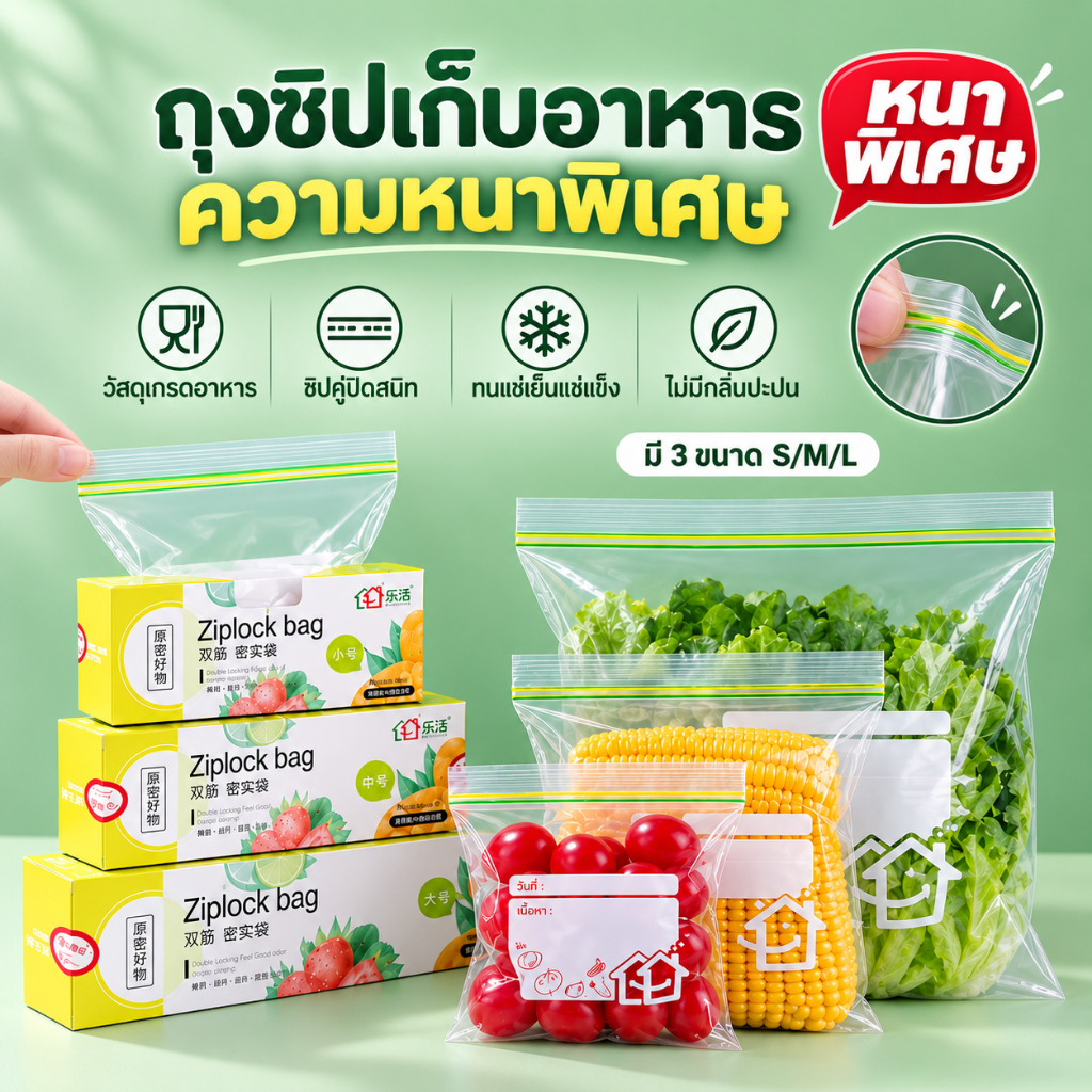 ถุงซิปล็อคเก็บอาหารแบบซิปคู่ ถุงถนอมอาหาร ปิดแน่น กันกลิ่น ทนเย็นทนร้อน ใช้แช่ตู้เย็น