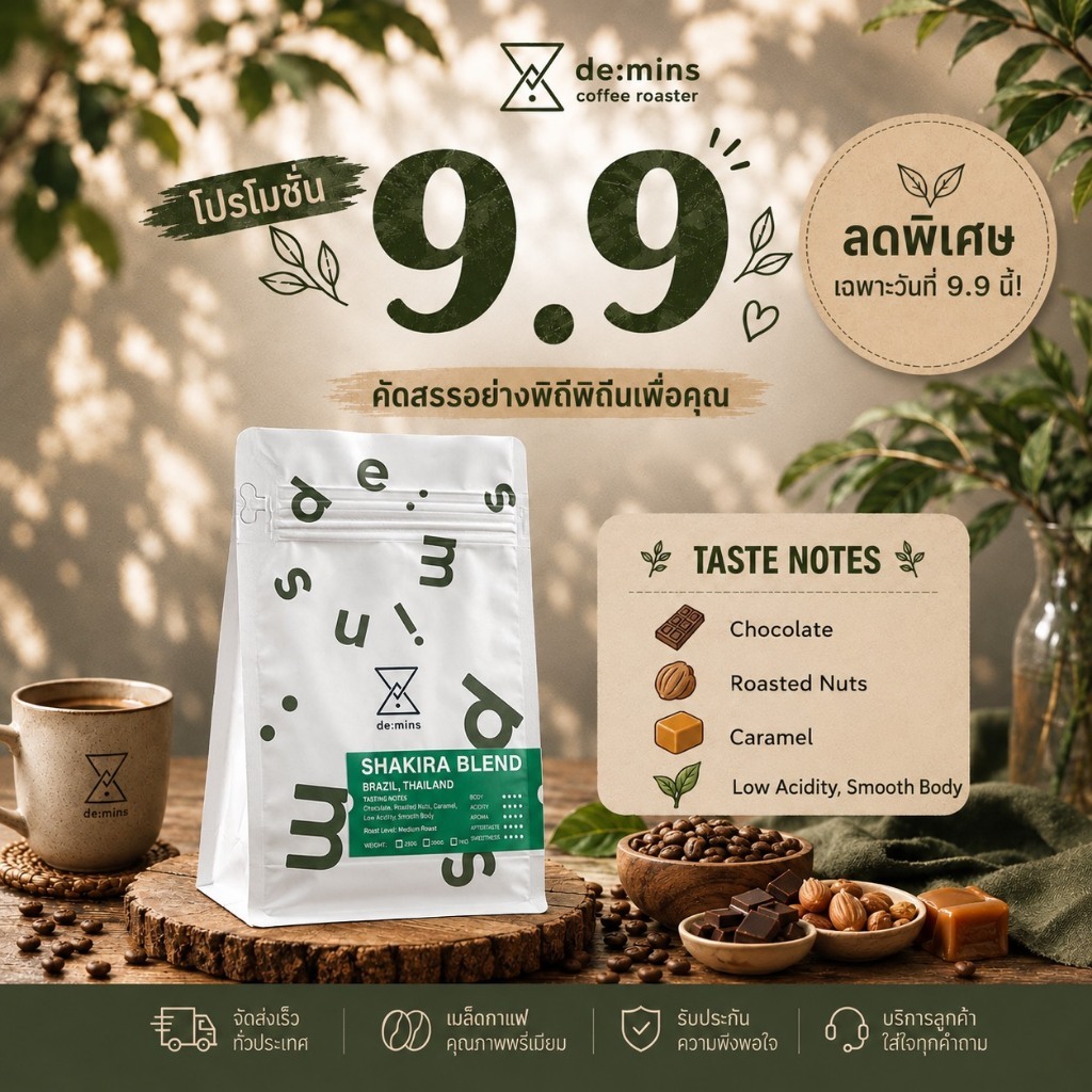 (500g.) De:mins SHAKIRA BLEND (Brazil x Thai) เมล็ดกาแฟ Arabica คั่วกลาง (Medium Roast)
