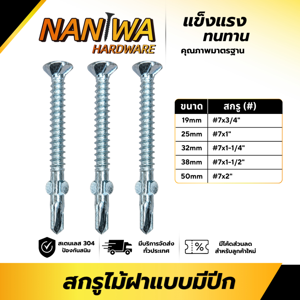Naniwa (JR)สกรูไม้ฝาแบบมีปีก ปลายสว่าน WING (PZ)สกรูไม้ฝาแบบไมีมีปีก ปลายสว่าน DS-FR (100ตัว)