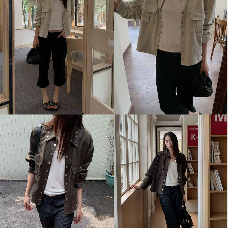 INBYIN - เสื้อเชิ้ตแต่งหมุดกระเป๋าคู่ STUDDED SUEDE JACKET - I4031