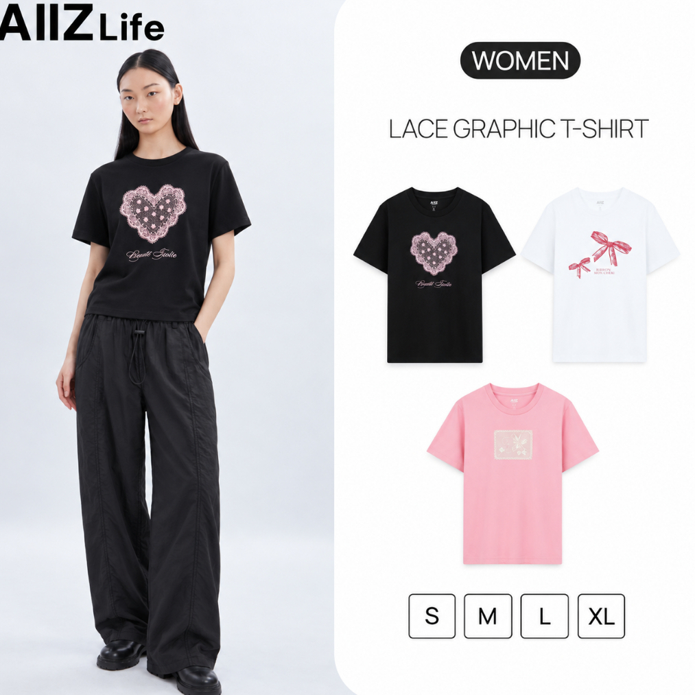 AIIZ (เอ ทู แซด) - AIIZ เสื้อยืดคอกลมผู้หญิง พิมพ์ลายกราฟิก AIIZ Women's Lace Graphic T-Shirt