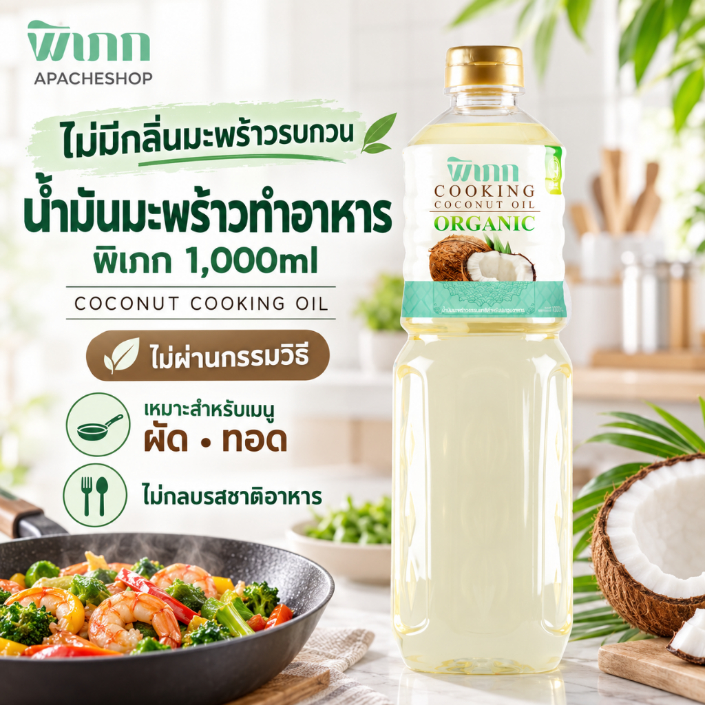 น้ำมันมะพร้าวทำอาหาร พิเภก 1,000ml Coconut Cooking Oil สำหรับผัด ทอด ไม่กลบรสอาหาร