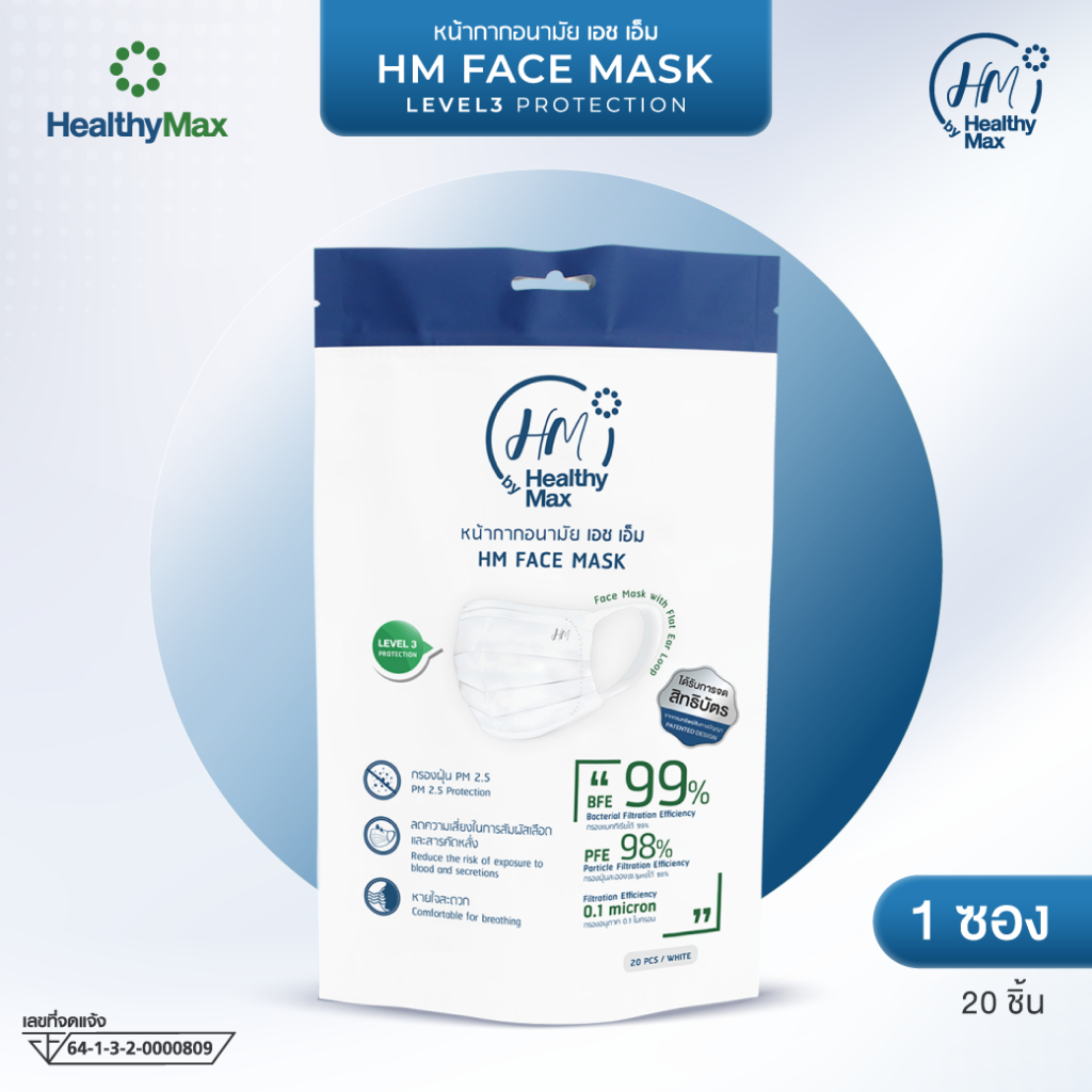 [1 ซอง 20 ชิ้น]หน้ากากป้องกันฝุ่นละอองขนาดเล็ก PM 2.5 HM Face Mask LEVEL 3 PROTECTION by HealthyMax