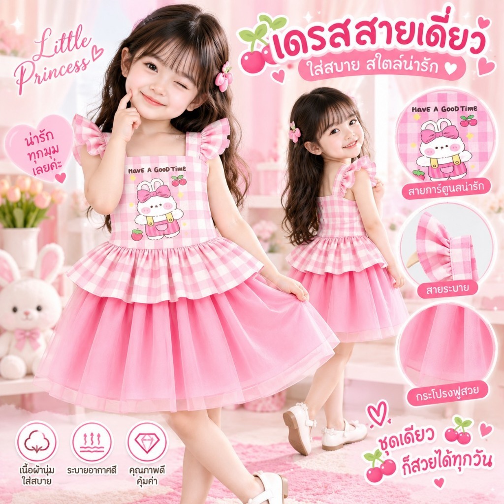 BB172 เดรสเด็กหญิงสไตล์เจ้าหญิง สีชมพูลายสก็อต กระโปรงฟูทูลล์ โบว์เอว น่ารักหวาน เสื้อผ้าเด็ก(แบบใหม่)