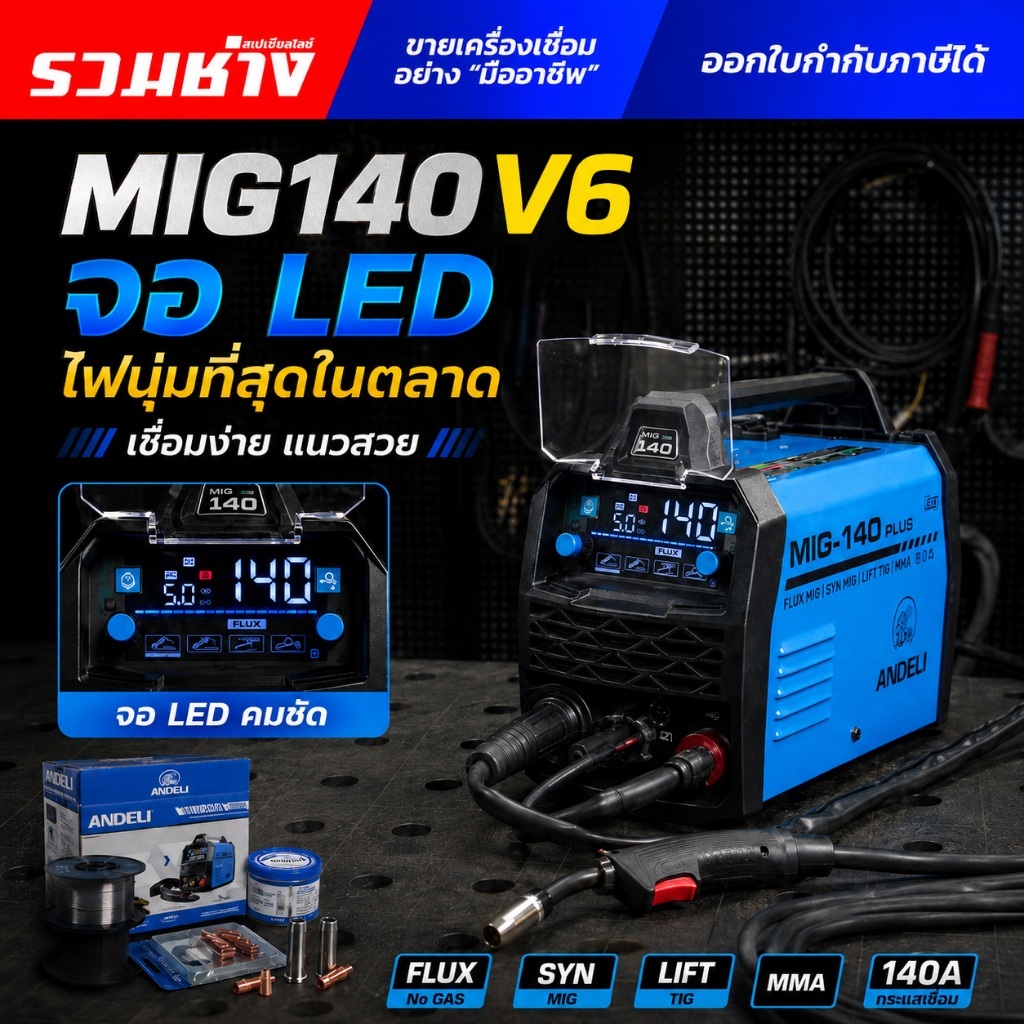 (V6) ANDELI ตู้เชื่อม3ระบบ MIG140 ปรับได้ทั้งออโต้และแมนนวล ไฟนุ่มที่สุดในตลาด มือใหม่ใช้ง่าย (ประกั
