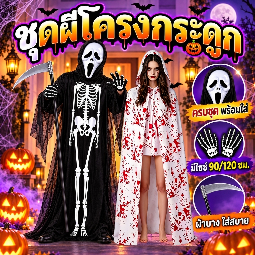 ชุดผีโครงกระดูก ชุดยมทูตฮาโลวีน 90/120 ซม เด็กและผู้ใหญ่ พร้อมหน้ากาก ถุงมือกระดูก เคียว ชุดแฟนซีคอสเพลย์ฮาโลวีน