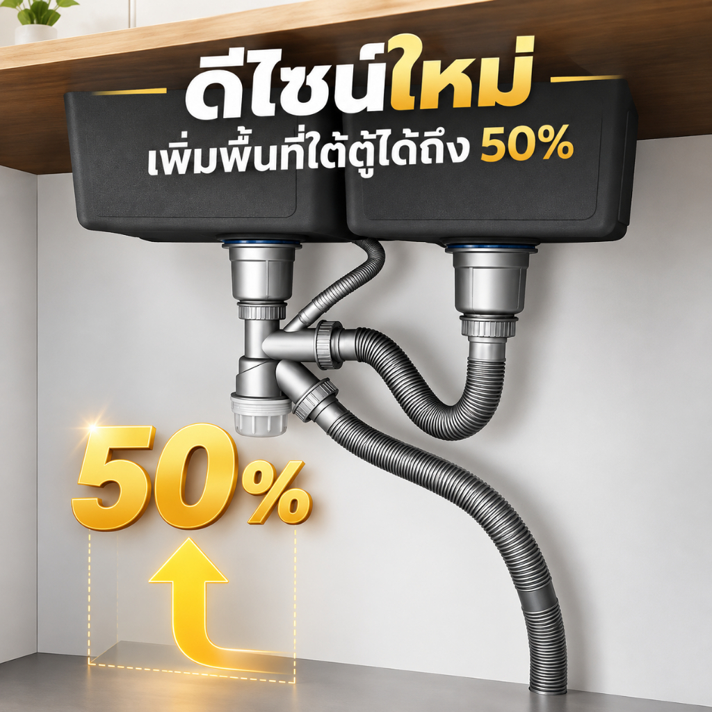 ชุดท่อระบายน้ำอ่างล้างจานแบบคู่ ชุดท่อระบายน้ำอ่างล้างจานประหยัดพื้นที่ ท่อดักกลิ่นรูปตัว P ขนาด 1 1/2 นิ้ว ขยายได้