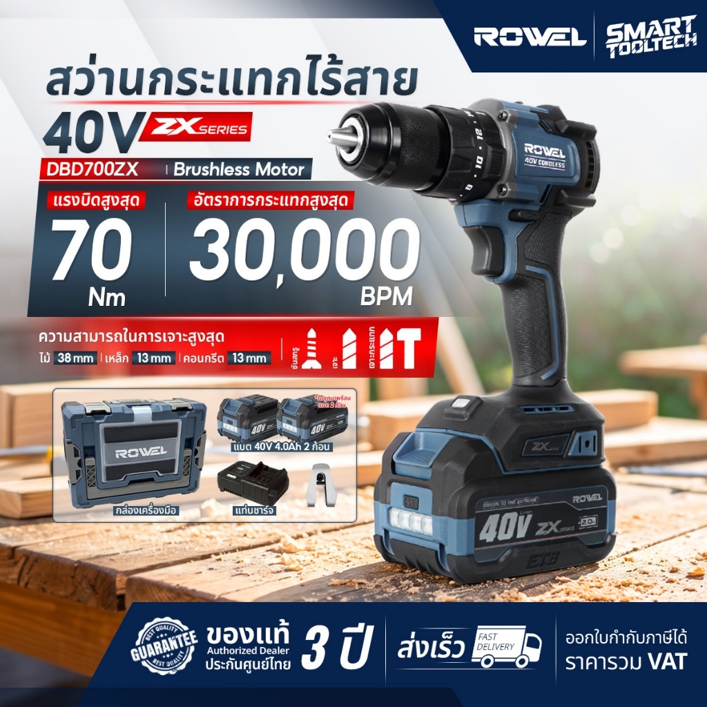 🔥รุ่นใหม่ปี 2026🔥 สว่านกระแทกไร้สาย 40V Rowel DBD700ZX , DBD700ZX-B สว่านแบตเตอรี่ ZX Series