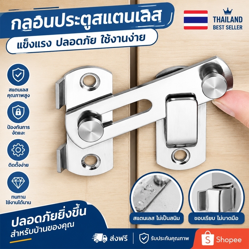 180 องศา สลักกลอนบานเลื่อน แบบสเตนเลส งอ บาง มีรูหูล็อก สำหรับประตูและหน้าต่าง อุปกรณ์ล็อคประตูหน้าต่าง