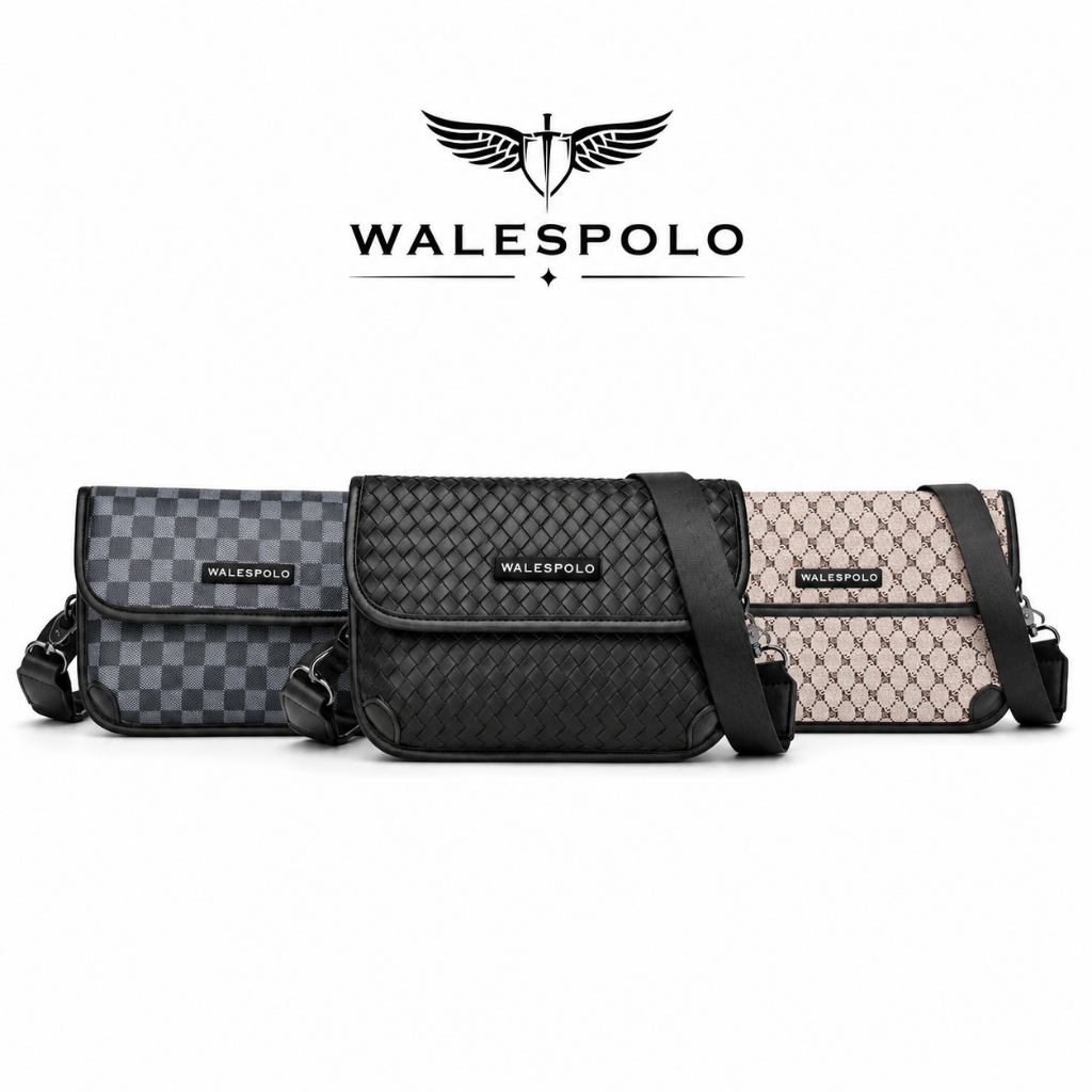 WALESPOLO กระเป๋าสะพายไหล่ ดีไซน์พรีเมียม สีดำสุภาพ ใส่มือถือวอลเล็ตได้ครบ ของขวัญวันพ่อ