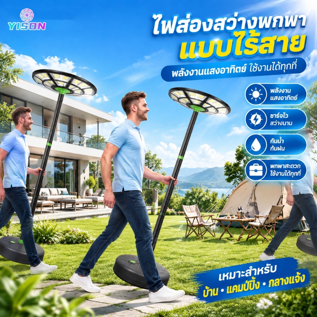 YISONเสา ไฟ โซล่าเซล ufo 3.0M ไฟสนามทรงกลม ไฟให้แสงสว่าง ไฟหัวเสา ไฟถนน เสา ไฟ โซล่า เซลล์ เสาไฟ ufo