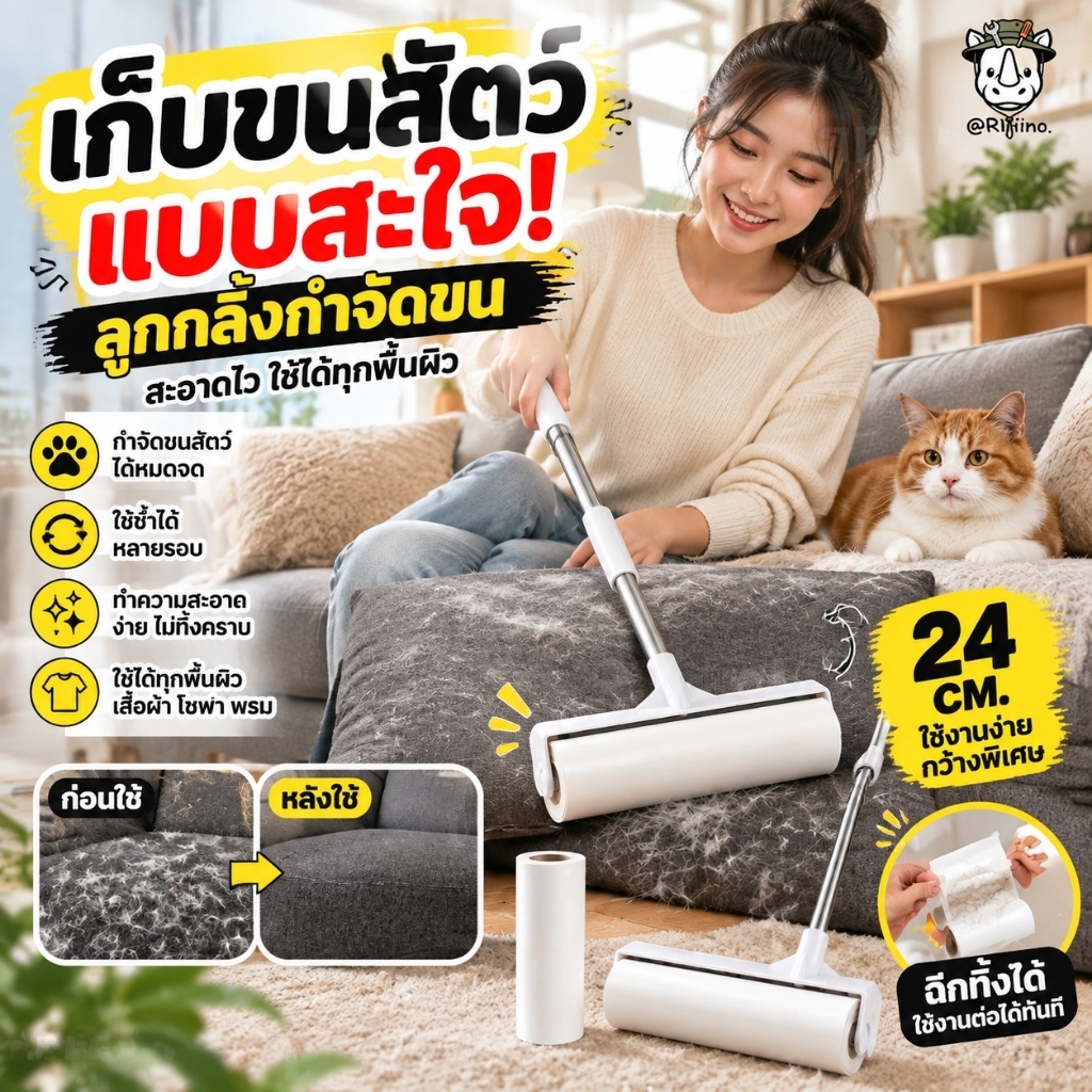 ลูกกลิ้งเก็บขน ขนาด24cm ที่กลิ้ง ม้วนกาว ลูกกลิ้ง ลูกกลิ้งกระดาษกาว ลูกกลิ้งเก็บฝุ่น ลูกกลิ้งทําความสะอาด