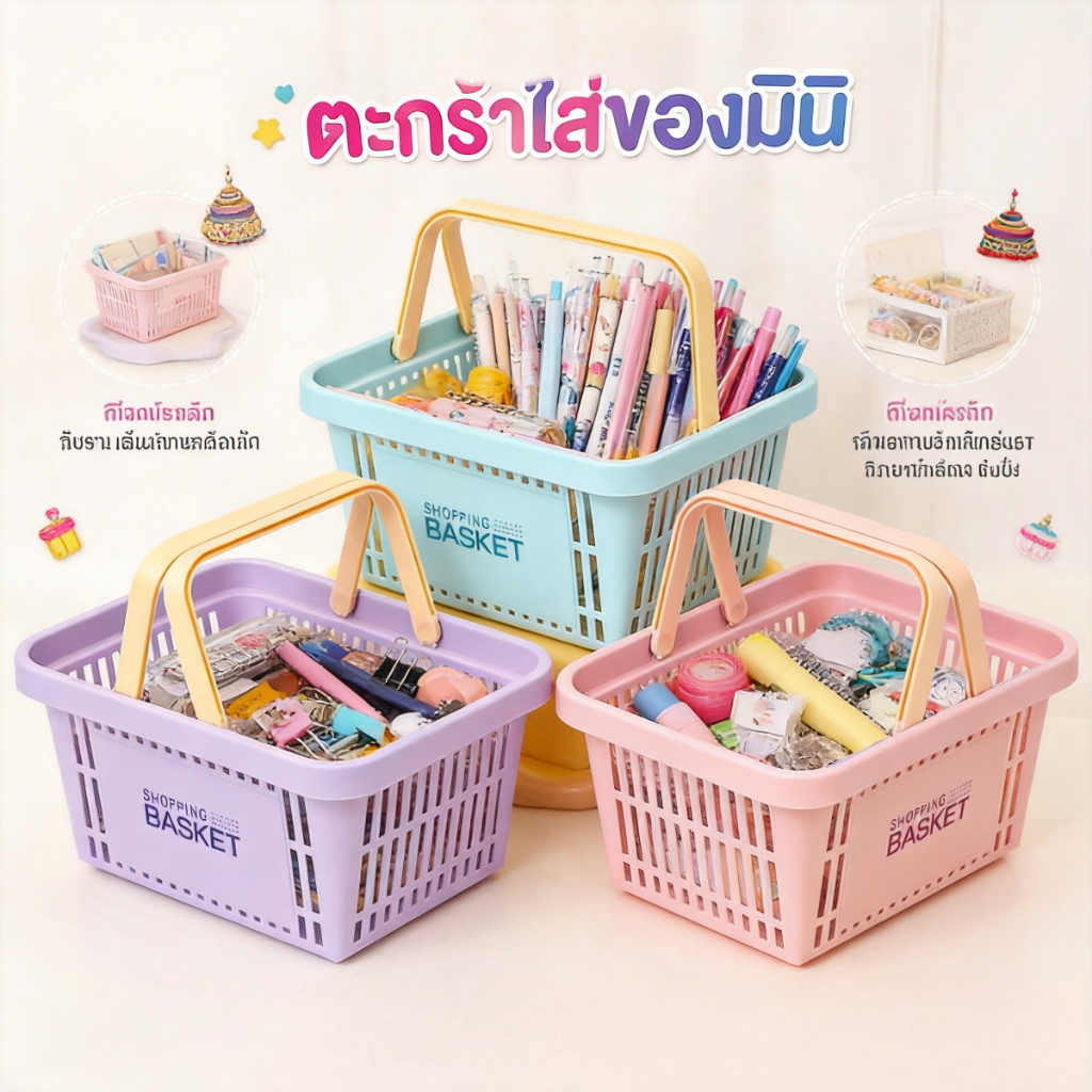 ตะกร้าใส่ของมินิ ตะกร้าพลาสติก ใส่เครื่องสำอางหรือของใช้ส่วนตัวได้ ตะกร้าหนาแข็งแรง ขนาดเล็กพกพาสะดวก​
