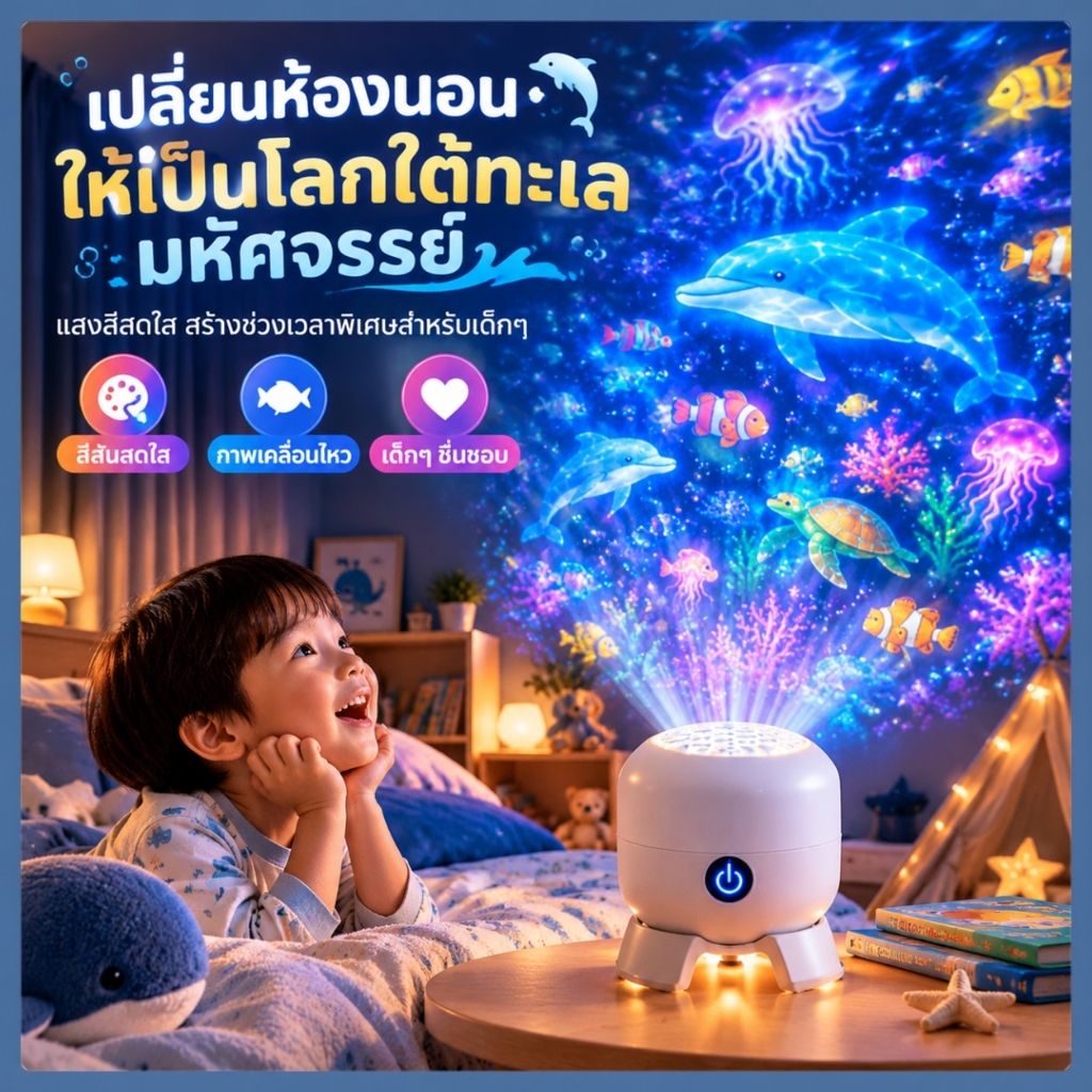 【💯คุณภาพสูง】โคมไฟโปรเจคเตอร์ทะเลสำหรับเด็ก ไฟกลางคืน LED ฉายภาพสัตว์ทะเล หมุนได้ 360° ใช้ USB ตกแต่งห้องนอน