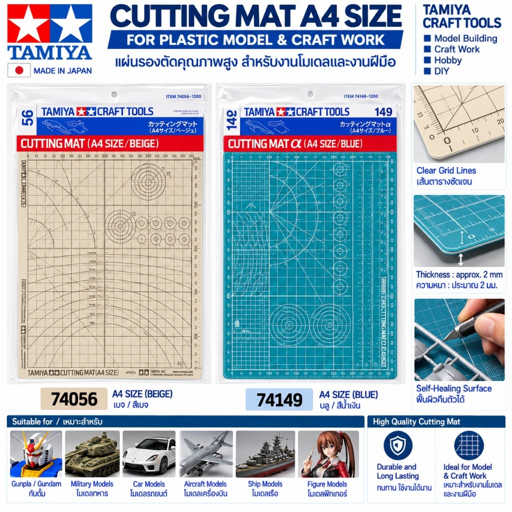 Tamiya 74056 / 74149 Cutting Mat A4 Size Beige / Blue แผ่นรองตัดโมเดล A4 สำหรับ Plastic Model Gundam