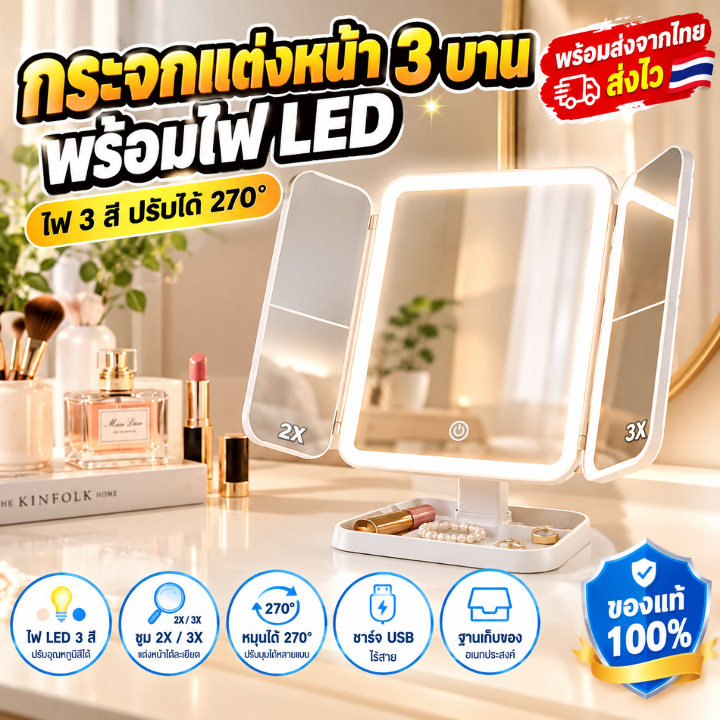 กระจกแต่งหน้า พร้อมไฟ LED ตั้งโต๊ะ ปรับแสง 3 ระดับ มีกระจกขยาย หมุนได้ เหมาะห้องน้ำ หอพัก ของขวัญสาว