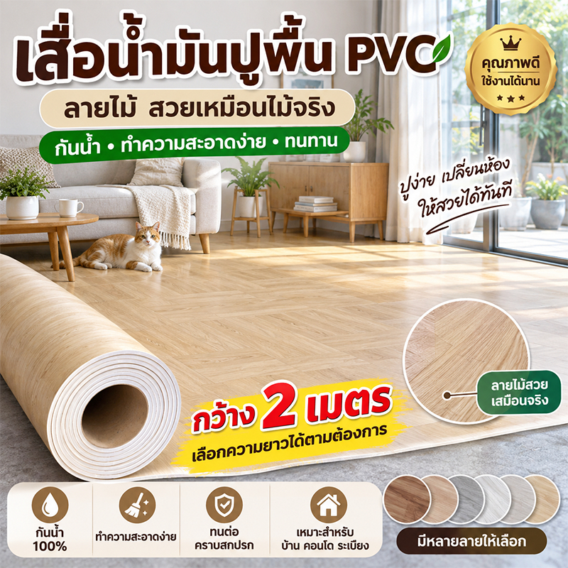 เสื่อน้ำมันปูพื้น กระเบื้องยางปูพื้น PVCหนาพิเศษ ทนทานกว่าเจ้าอื่น 5 เท่า กันลื่น ทนต่อคราบสกปรก ทนท