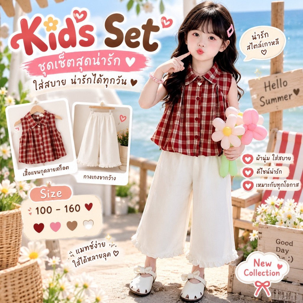 BB146 ชุดเซ็ตเด็กผู้หญิง เสื้อสก็อตแดง + กางเกงขากว้าง น่ารักสไตล์เกาหลี ไซซ์ 100-160