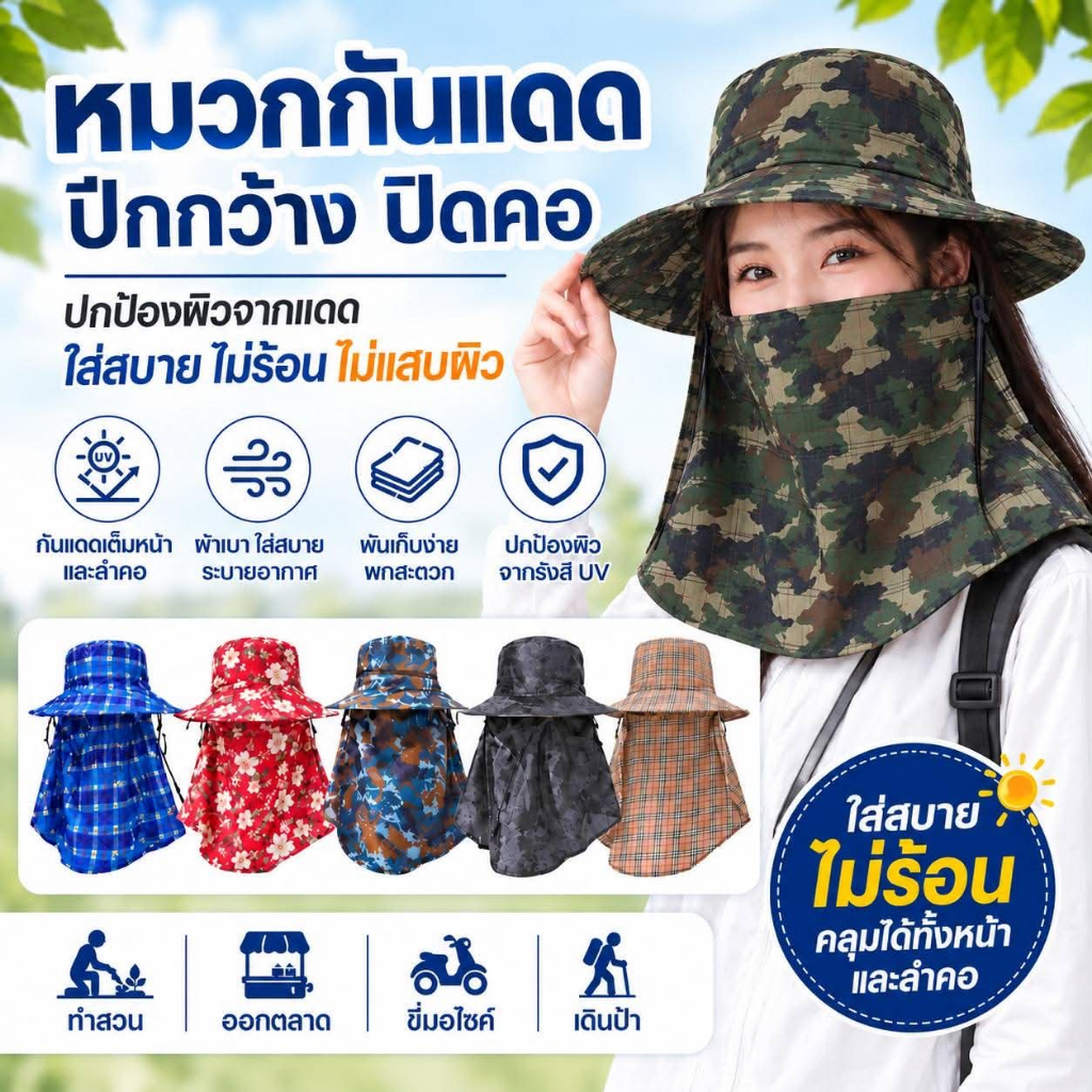 หมวกทำสวนลายทหาร หมวกคลุมหน้ากันแดด ลายทหาร สีพื้นแบบะกระดุม แบบซิป หมวกปีกคลุมหน้า