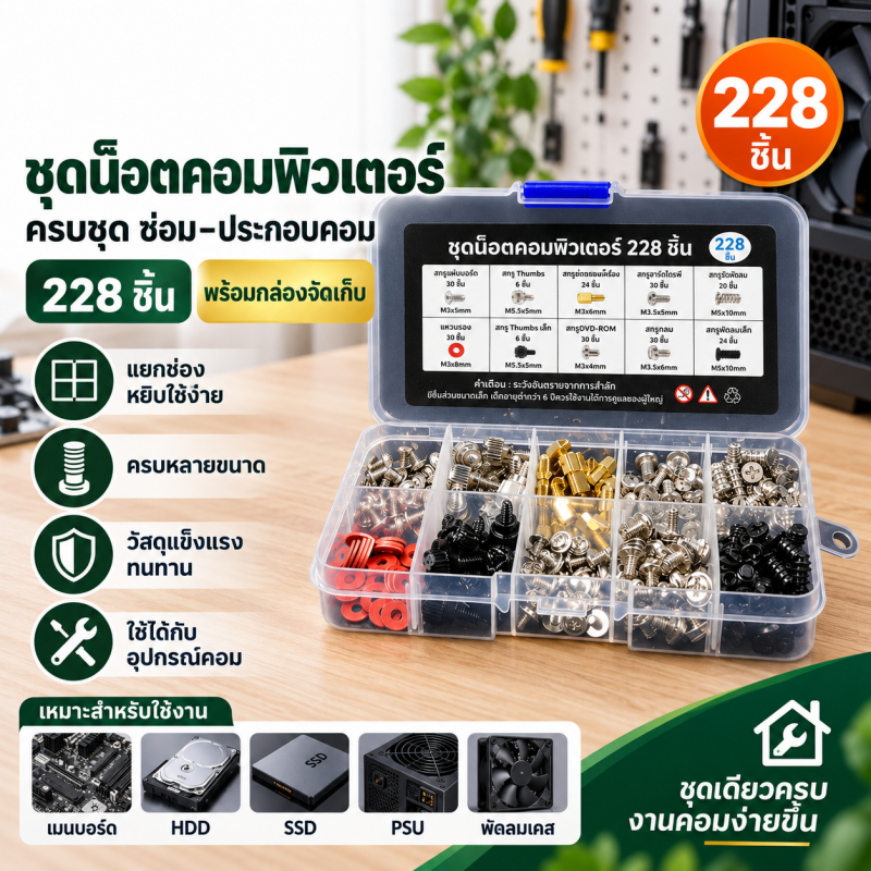 ชุดน็อตคอมพิวเตอร์ 228 ชิ้น พร้อมกล่อง น็อตเคส สกรูคอม ประกอบคอม ซ่อมคอม สำหรับเมนบอร์ด HDD SSD PSU 