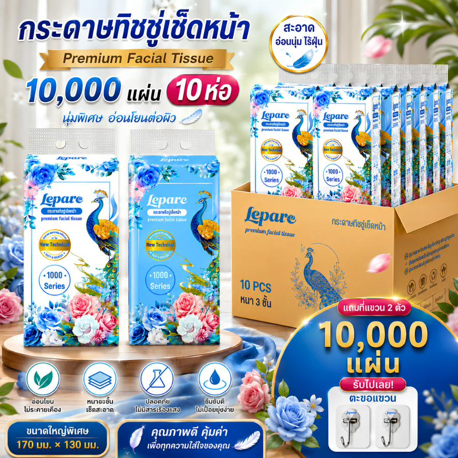 (10หิ้ว10000แผ่น) ทิชชู่เช็ดหน้าLepare แบบดึงแขวนได้ หนา4ชั้น กระดาษนุ่ม ไม่เป็นขุย เกรดGB/T20808 🩵✨