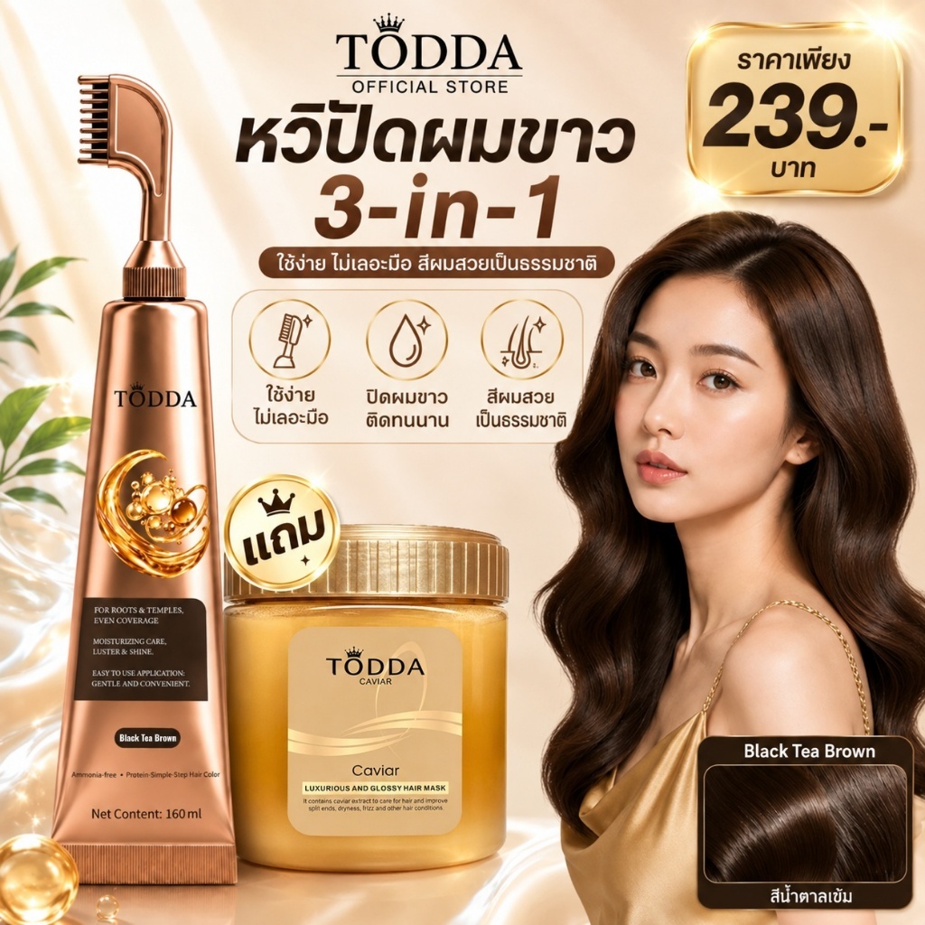 ครีมย้อมผม พร้อมหวีในตัว ปิดผมขาว ปลอดแอมโมเนีย ย้อมและดูแลเส้นผม 3 in 1