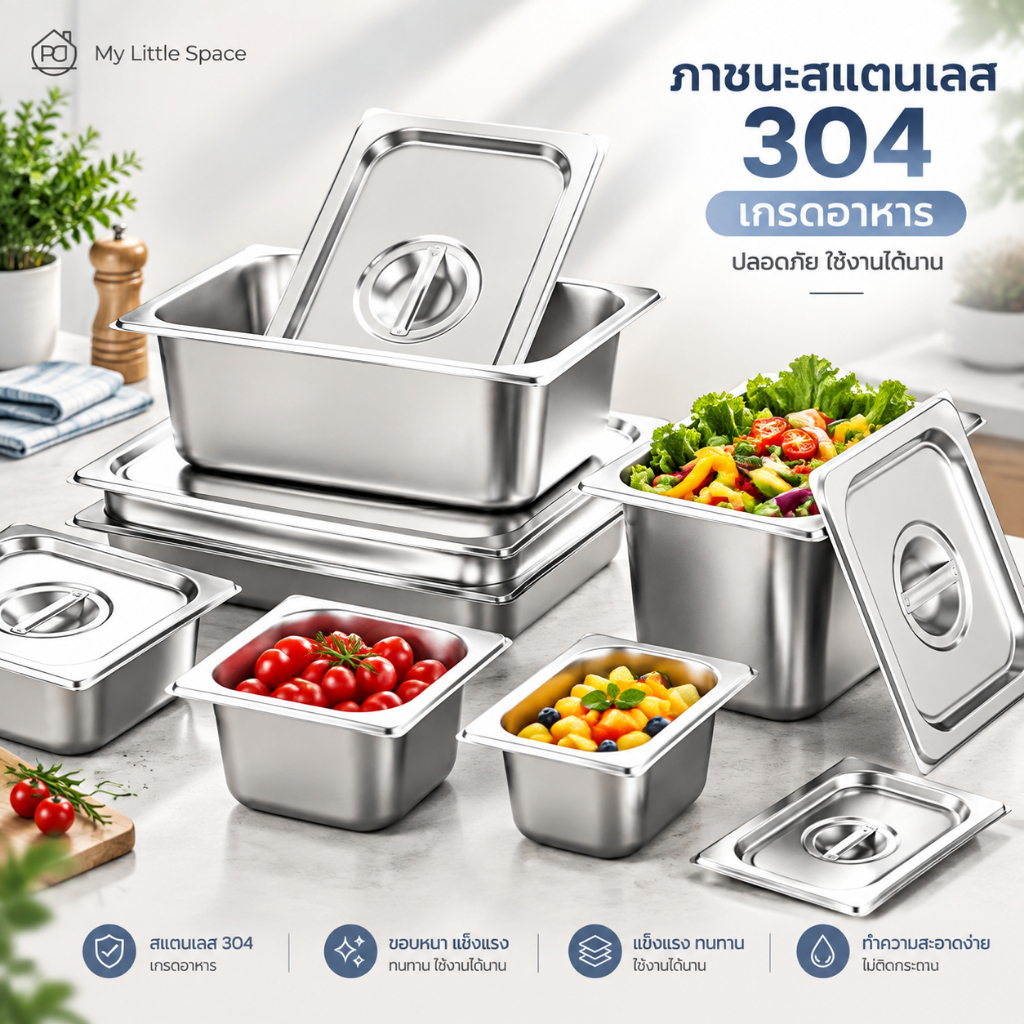 ถาด GN สแตนเลส 304 พร้อมฝาปิด ถาดใส่อาหาร ถาดหลุม ถาดบุฟเฟต์ สำหรับร้านอาหาร โรงแรม มีหลายขนาด