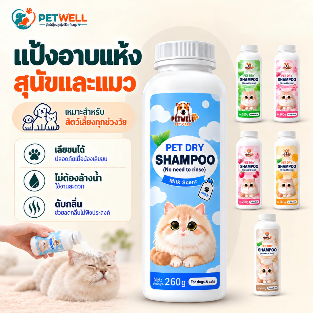ผงซักแห้งสำหรับสัตว์เลี้ยง PETWELL แป้งอาบน้ําแมว กำจัดหมัดและเห็บ พลังการทำความสะอาดที่แข็งแกร่ง