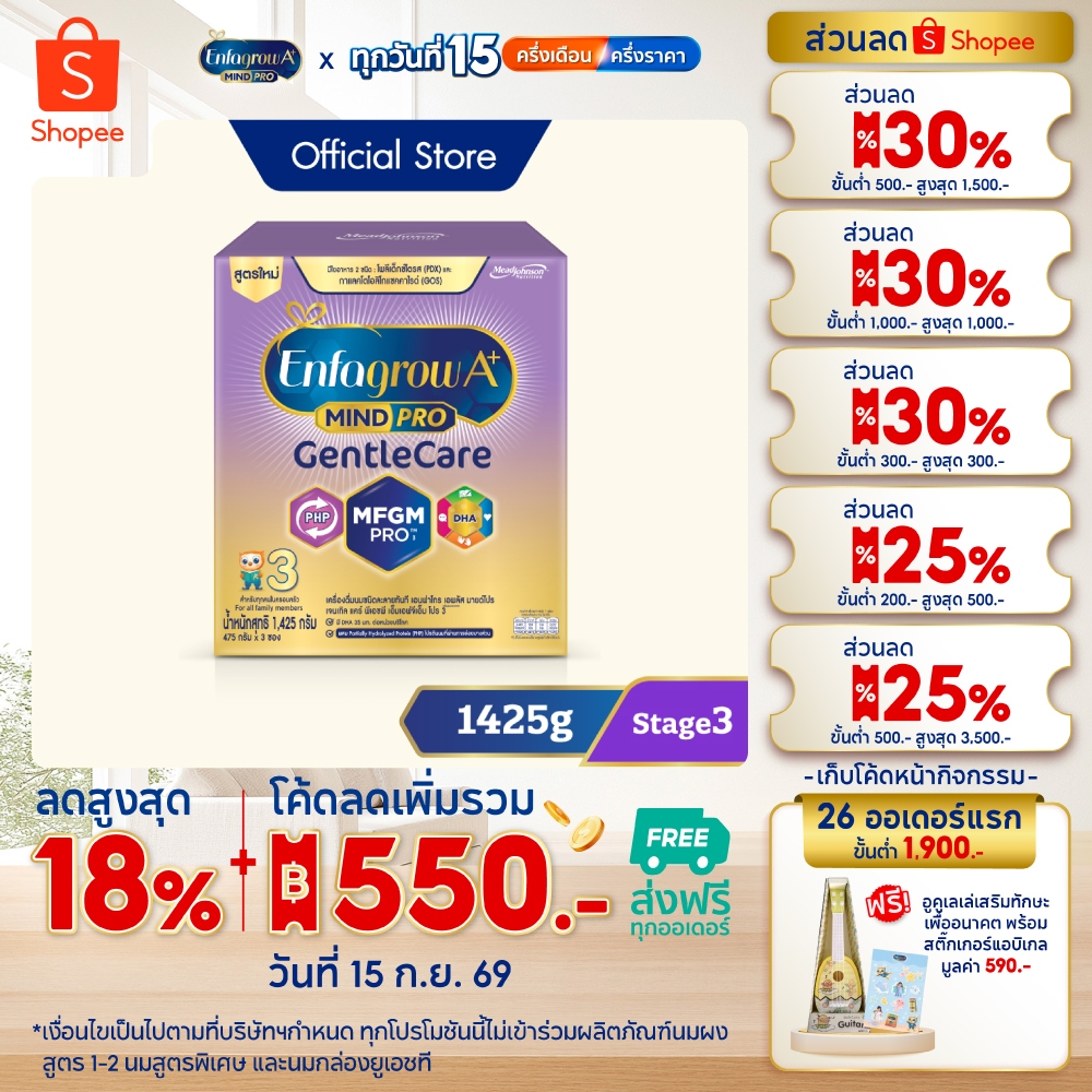 นมผง เอนฟาโกร เอพลัส มายด์โปร เจนเทิล แคร์ สูตร3 (1425 กรัม) Enfagrow A+ MindPro Gentle Care Stage3 
