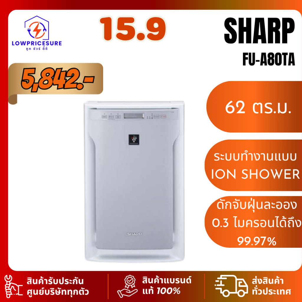 ็็Sharp FUA80TA เครื่องฟอกอากาศ รุ่นFU-A80TA ขนาด62ตรม.HEPA ระบบพลาสม่าคลัสเตอร์แบบเข้มข้น