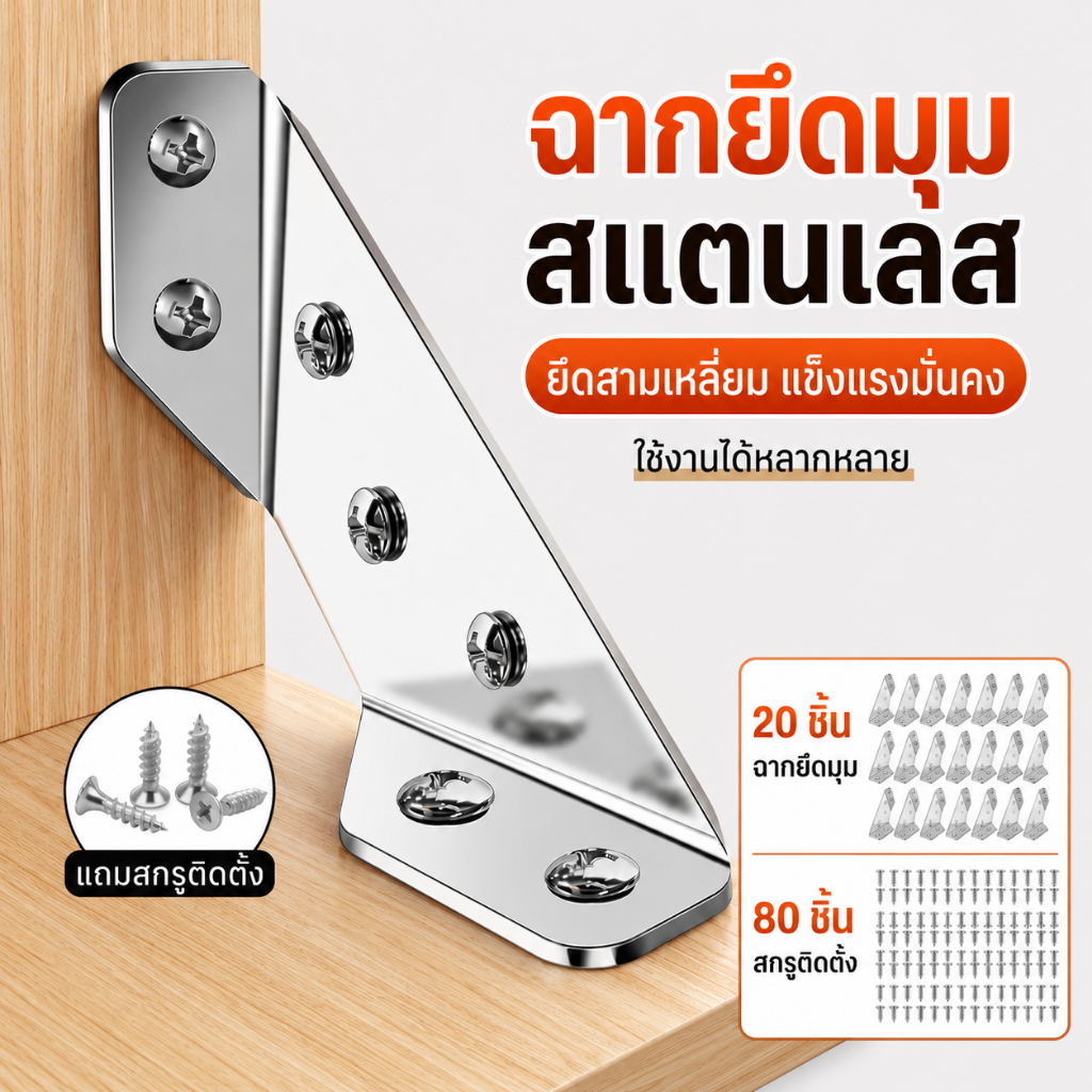 ฉากรับชั้นสแตนเลสแบบมุมฉาก 90 องศา สำหรับงาน DIY ติดตั้งผนัง และรองรับชั้นวาง ใช้ยึดไม้ แข็งแรง ทนทาน