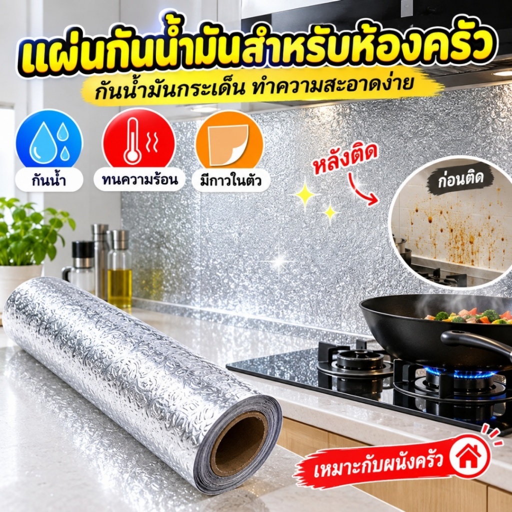 สติ๊กเกอร์ฟอยล์อลูมิเนียม แผ่นกันน้ำมัน สำหรับติดผนังห้องครัว กันน้ำมันกระเด็น ติดพื้นปูนได้
