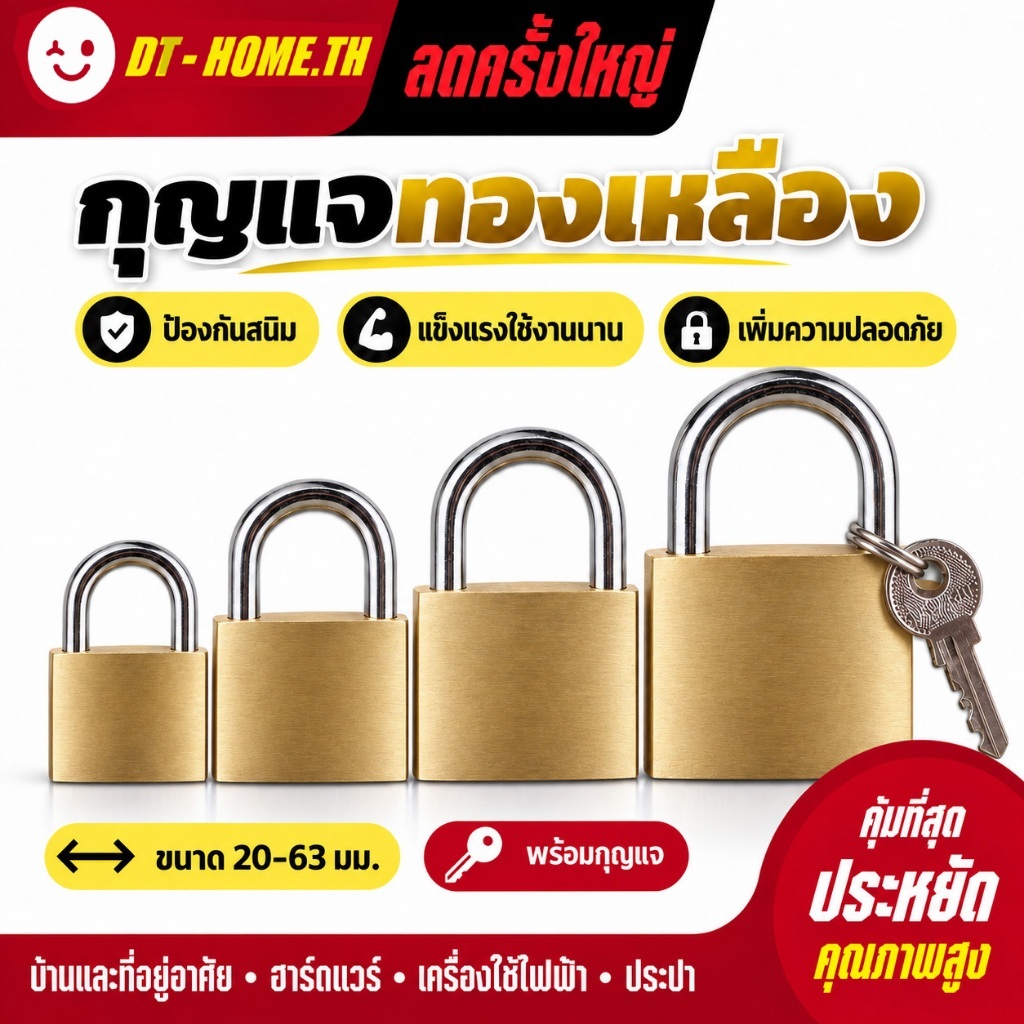 แม่กุญแจเหล็กชุบแข็ง กุญแจล็อคลูกปืน 2 ข้าง ป้องกันสนิม ป้องกันกุญแจผี 20-63 มม. คอสั้น/คอยาว ลูกกุญแจ 3 ดอก ใช้กับบ้าน
