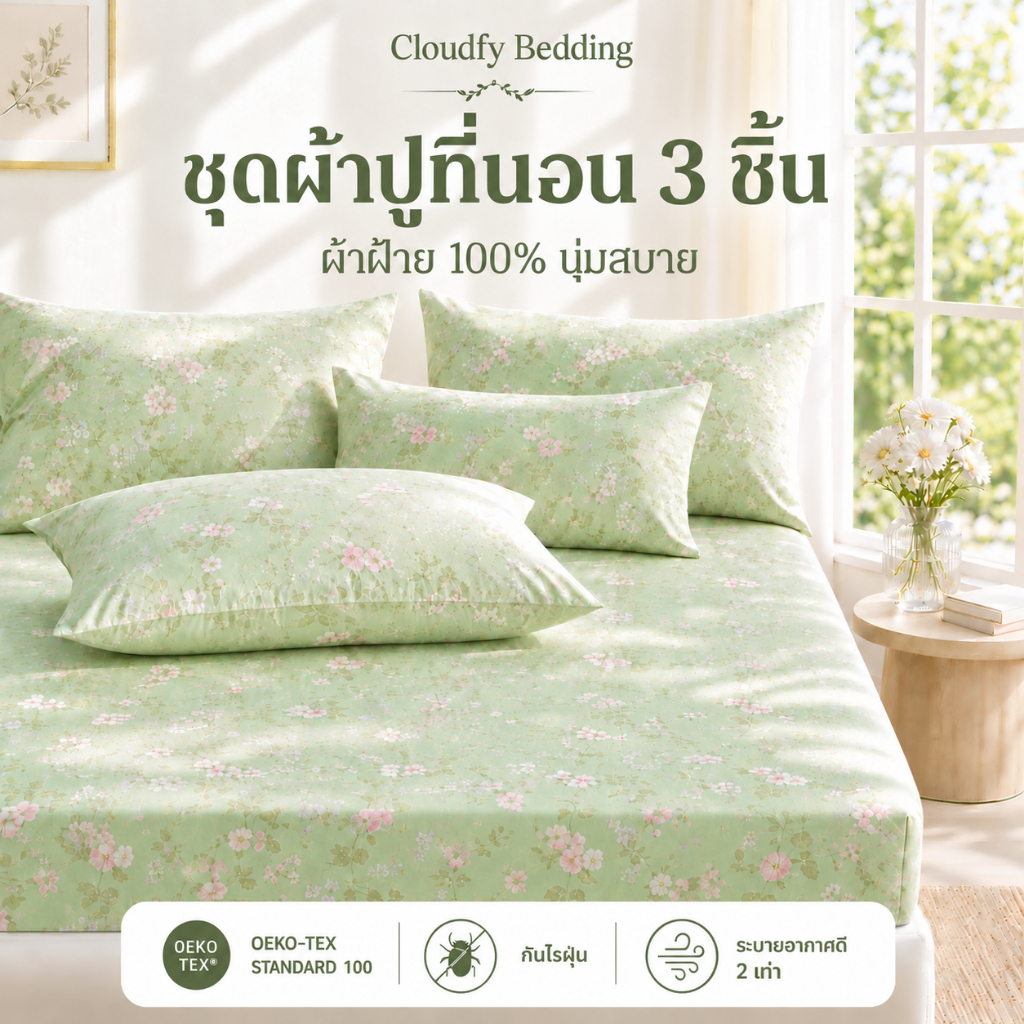 ชุดผ้าปูที่นอน 3 ชิ้น ลายดอกไม้ 3.5/4/5/6ฟุต พร้อมปลอกหมอน ป้องกันไรฝุ่น ผ้าฝ้าย 100% นุ่ม นุ่มสบาย ระบายอากาศดี