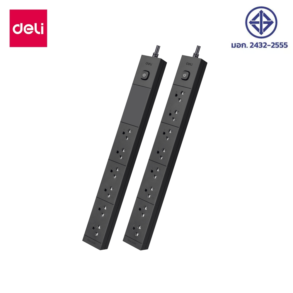 Deli ปลั๊กพ่วง 6 ช่อง รางปลั๊กไฟยาวพิเศษ 2300W ป้องกันไฟเกิน ทนความร้อน 750°C ติดผนังได้ Power Socket