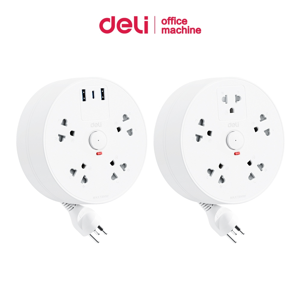 Deli ปลั๊กไฟ ปลั๊กกลม ปลั๊กตลับม้วนสายไฟ 2300W ยาว1.5/ 2/ 3 เมตร Fast charge ทนความร้อน Round Socket