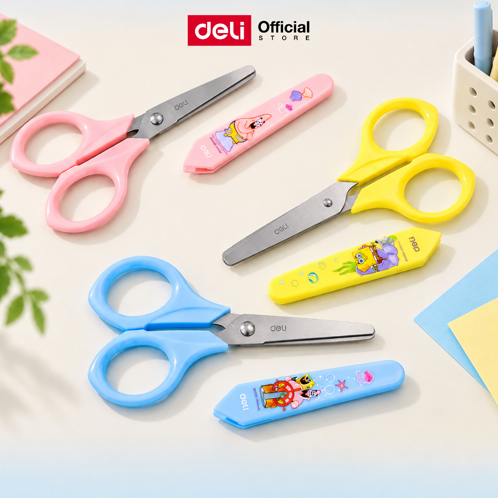 กรรไกร Deli กรรไกรมีปลอก กรรไกรเด็ก แบบพกพา ปลายมน สำหรับตัดกระดาษ ลายการ์ตูน สปองบ๊อบ สุดน่ารัก ขนาด 127mm แพ็ค 1 ชิ้น