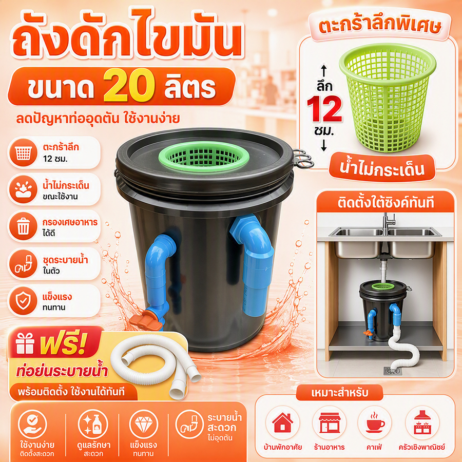 ส่งฟรี ถังช่วยโลก ถังดักไขมัน ถังน้ำมัน ถังเเยกเศษอาหาร ขนาด 10ลิตร ใหญ่จุใจ ราคาประหยัด สีดำ
