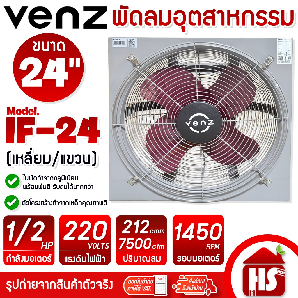 VENZ พัดลมอุตสาหกรรม พัดลมเหลี่ยมแขวน ขนาด 24 นิ้ว รุ่น IF-24 ใบพัดแดง พัดลมดูดควัน มีตะแกรง (หมุนกลับทาง)
