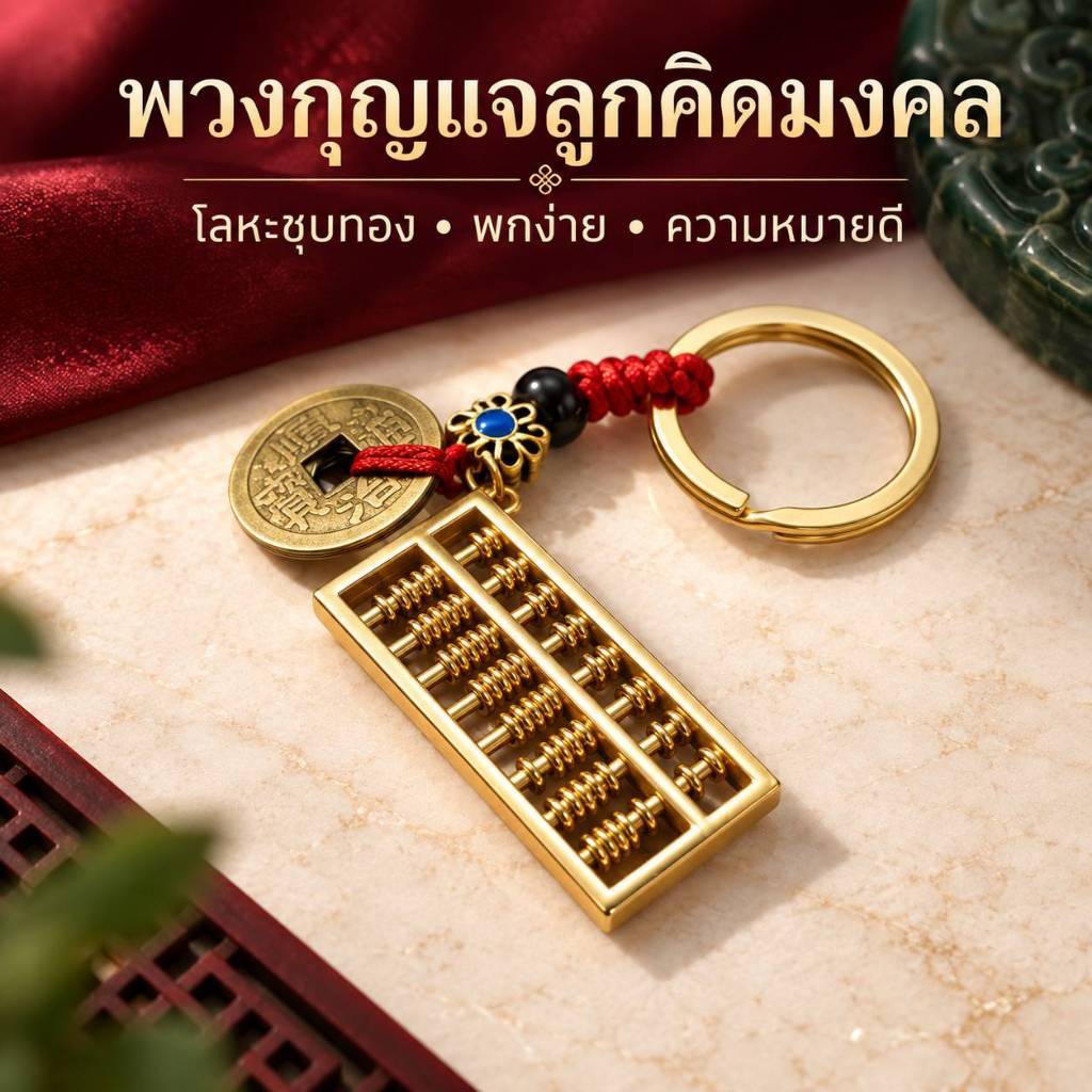 พวงกุญแจลูกคิดจีน + เหรียญโบราณ 5 เหรียญ 招财算盘 五帝钱 | เสริมการเงิน ค้าขาย กำไร ฮวงจุ้ย Feng Shui Keychain