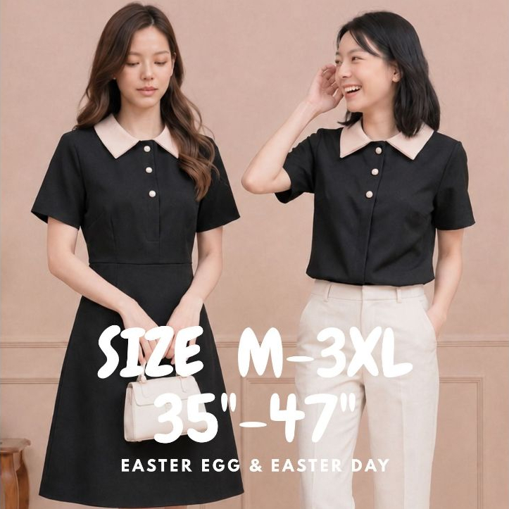 D15 เสื้อทำงาน แขนสั้น คอปก ทูโทน เสื้อยืด แฟชั่น เสื้อดำ เเต่งกระดุมปั๊ม มินิมอล Easter Egg