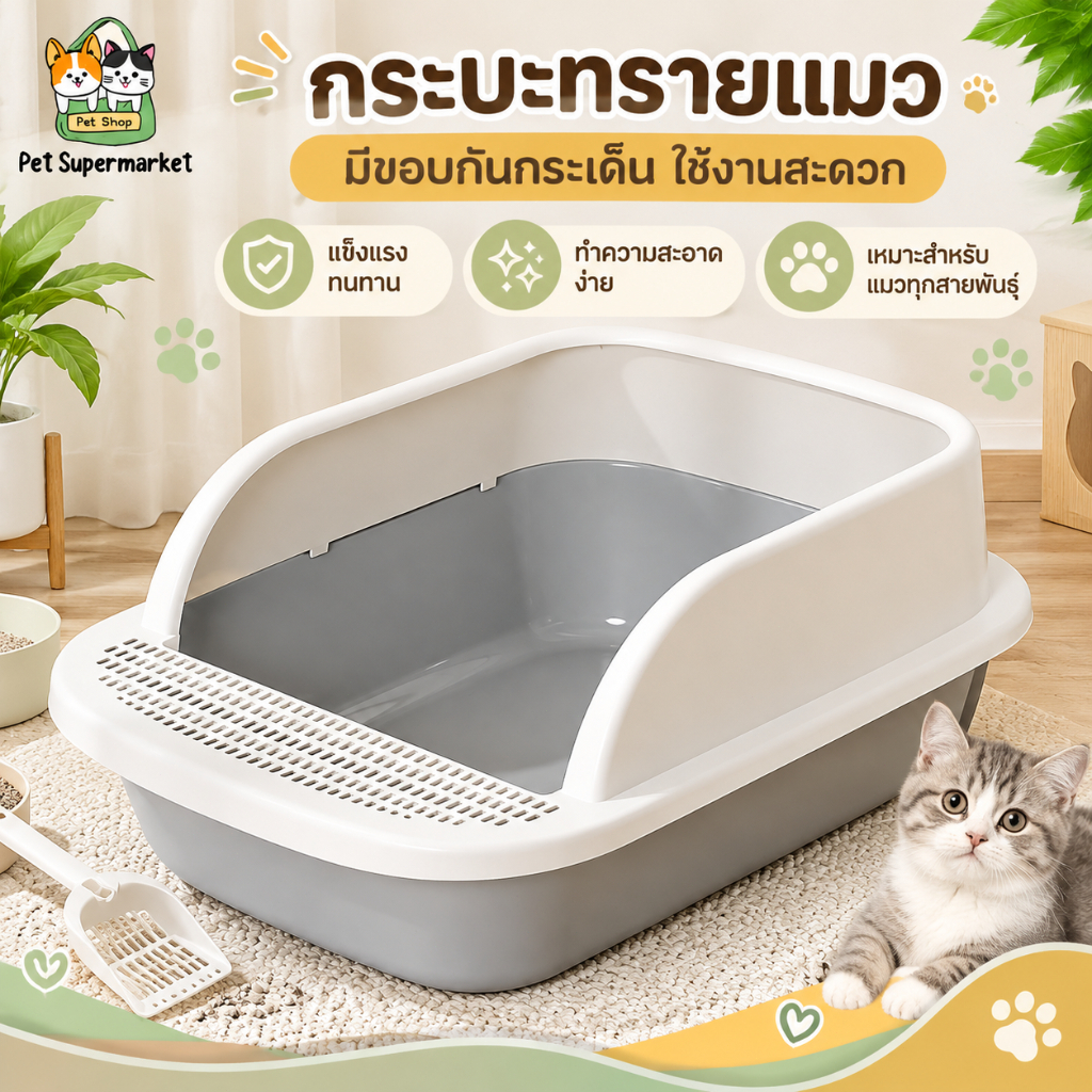 กระบะทรายแมวพื้นที่มากมายขนาดใหญ่พิเศษ มาพร้อมที่ตักทราย ป้องกันการ กระเด็นของทรายห้องน้ำแมว ราคาถู กระบะทรายแมวขนาดใหญ่
