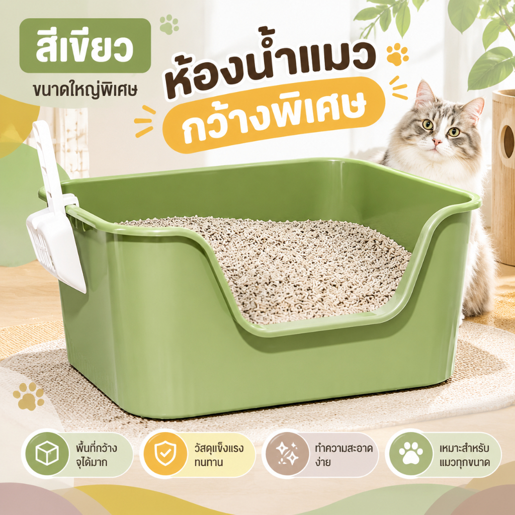กระบะทรายแบบจัมโบ้ ขนาดใหญ่ แมวอ้วนก็ใช้ได้ ขอบสูงกันกระเด็น แถมฟรีที่ตักทราย มีหลายสีและขนาด ห้องน้ำแมวขนาดใหญ่
