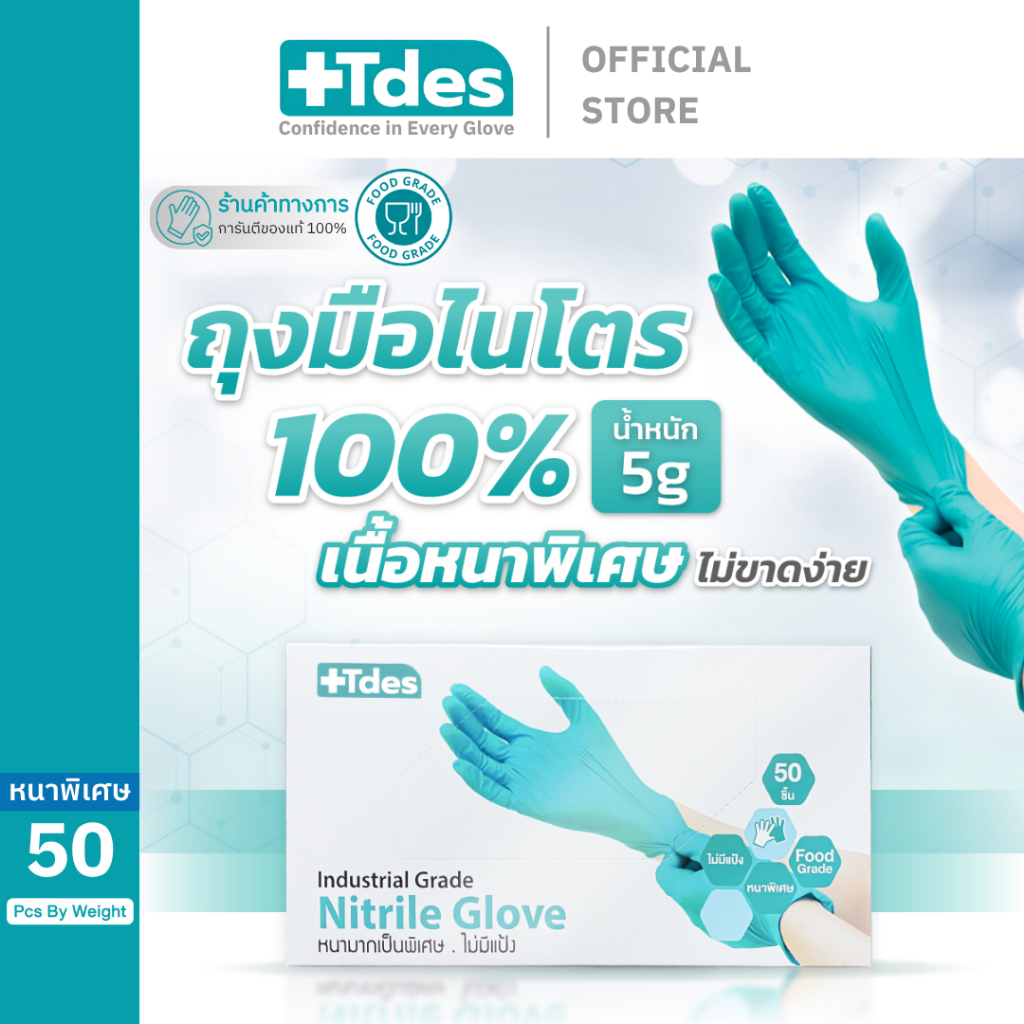 +Tdes [หนาพิเศษ] ถุงมือยางไนไตร 50ชิ้น/กล่อง สัมผัสอาหาร เก็บยางไม่ติดมือ หลายสี
