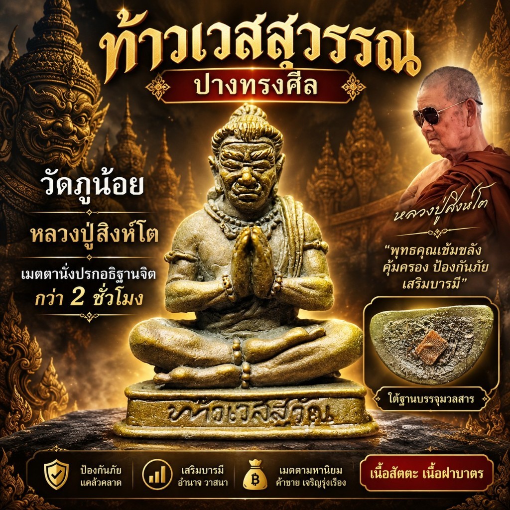 ท้าวเวสสุวรรณ ปางทรงศีล วัดภูน้อย เนื้อสัตตะ หลวงปู่สิงห์โต เมตตานั่งปรกอธิฐานจิตกว่า 2 ชั่วโมง เนื้อฝาบาตร ประกันแท้