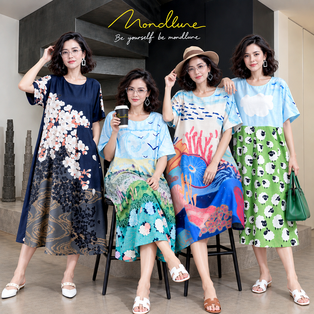 #3893 MondLune ชุดเดรสคอกลม แขนสั้นในตัว กระดุมหลัง 1 เม็ด จีบช่วงเอว มีกระเป๋าข้าง ผ้าไหมลินิน