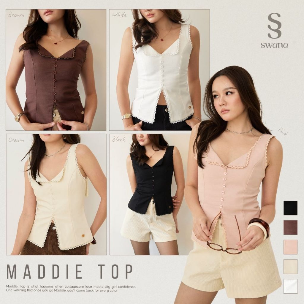 Swana.ss - Maddie top  XS-3XL 🧈💖🦩 เสื้อกล้ามแต่งลูกไม้ แต่งกระดุมหลอกด้านหน้า
