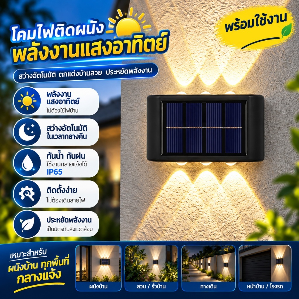 โคมไฟติดผนัง 4/6/8 LED ไฟผนังพลังงานแสงอาทิตย์ เปิดอัตโนมัติตอนมืด ชาร์จไฟกลางวัน ไม่ต้องเดินสาย กันน้ำ โคมไฟติดผนังภายน